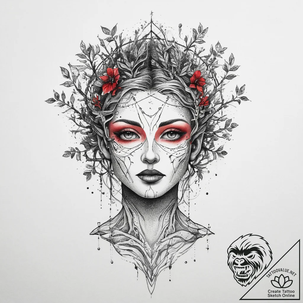 Tattoo sketch dryad in a tree, tattoo line ar... - tattoo sketch (№1756633432_0, 31.08.2025 09:43) — tattoovalue.net