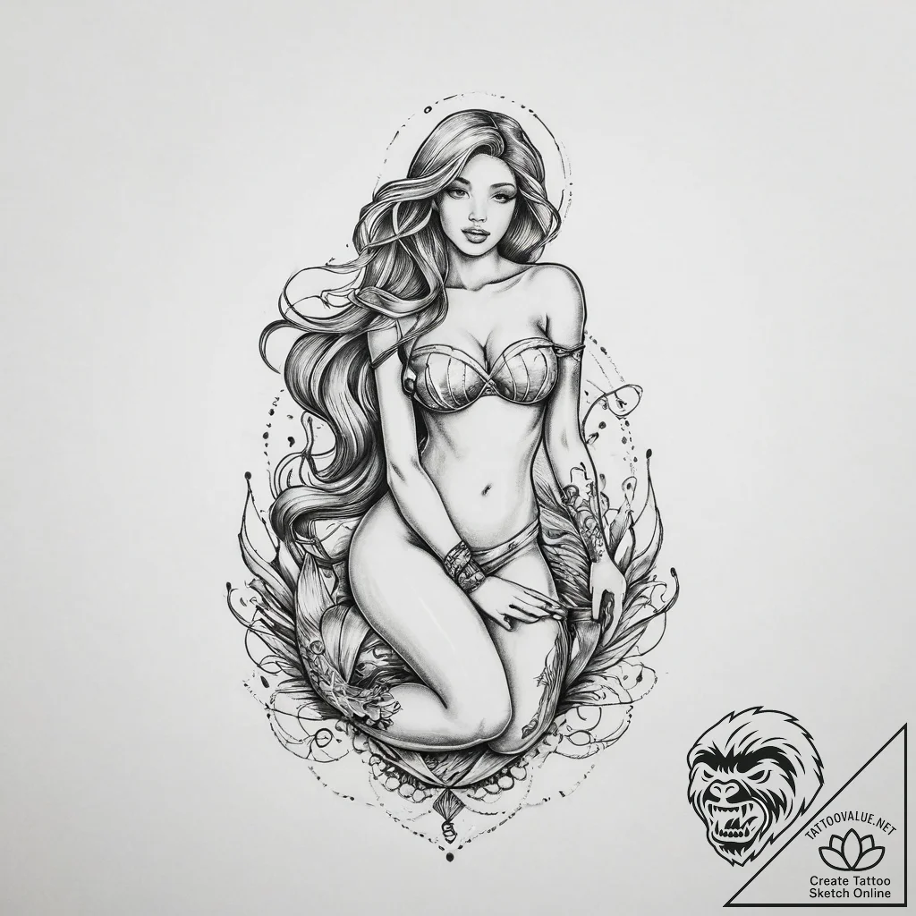 Tattoo sketch mermaid sitting, artistic tatto... - tattoo sketch (№1756635440_0, 31.08.2025 10:17) — tattoovalue.net