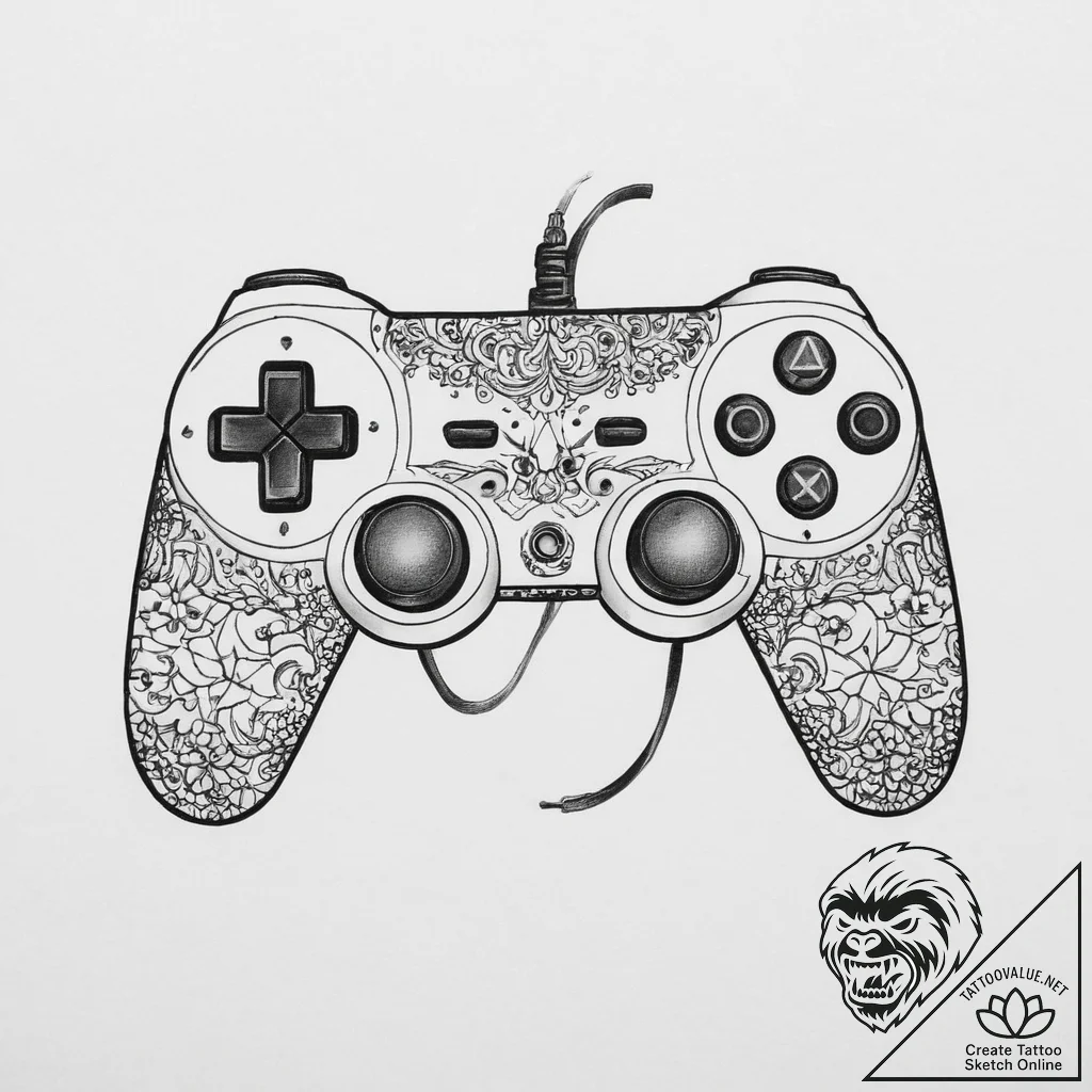 Tattoo sketch gamer controller with wires, in... - tattoo sketch (№1756639251_0, 31.08.2025 11:20) — tattoovalue.net