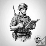 Tattoo sketch soldier with a book – tattoo sketch (№1756644879_0, 31.08.2025 12:54) — tattoovalue.net