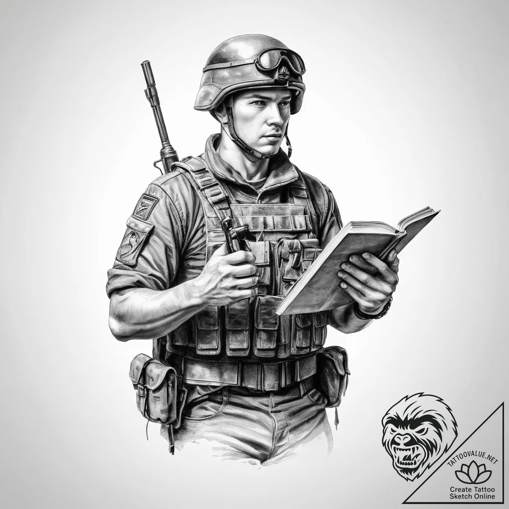 Tattoo sketch soldier with a book - tattoo sketch (№1756644879_0, 31.08.2025 12:54) — tattoovalue.net