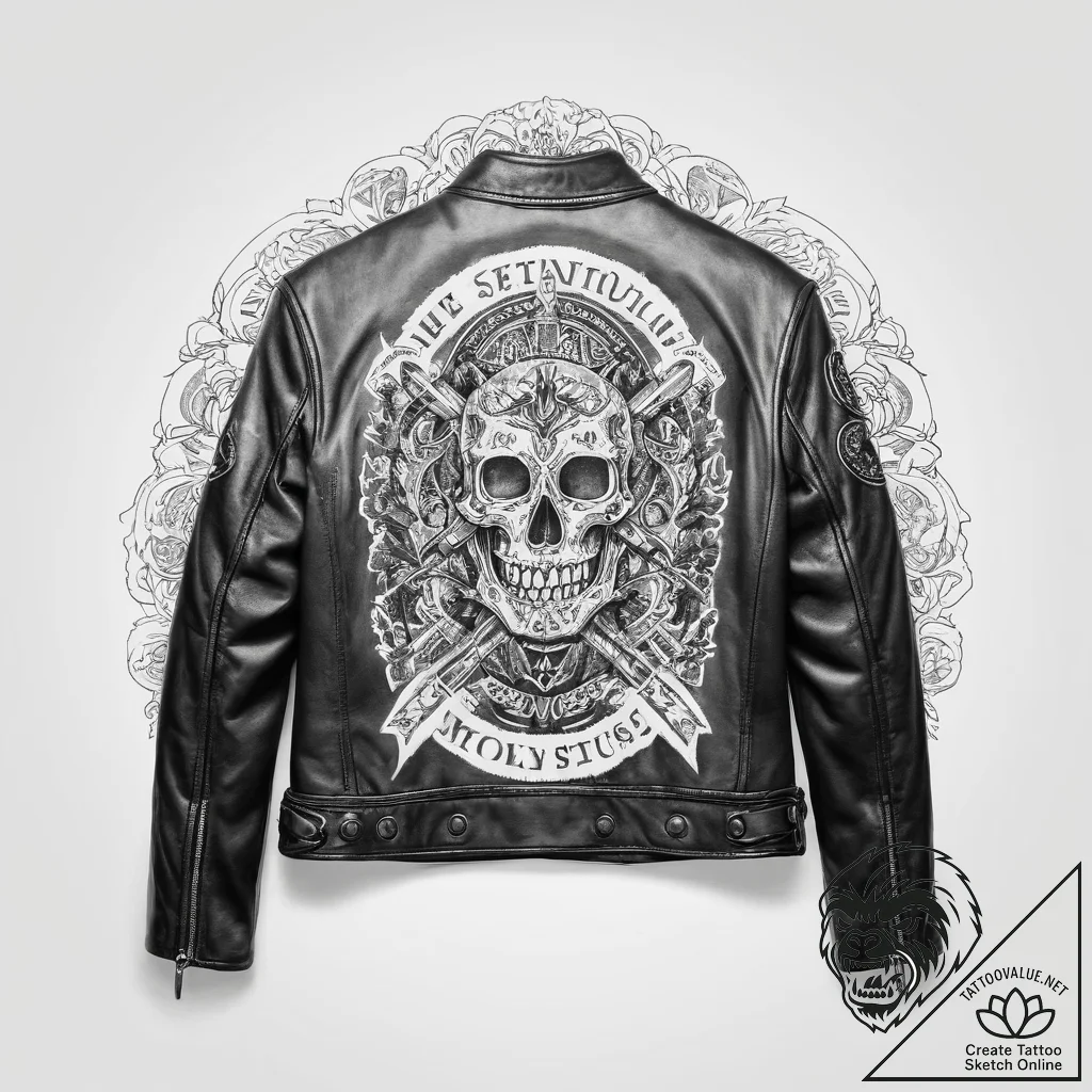 Tattoo sketch biker jacket with a quote - tattoo sketch (№1756648499_0, 31.08.2025 13:54) — tattoovalue.net