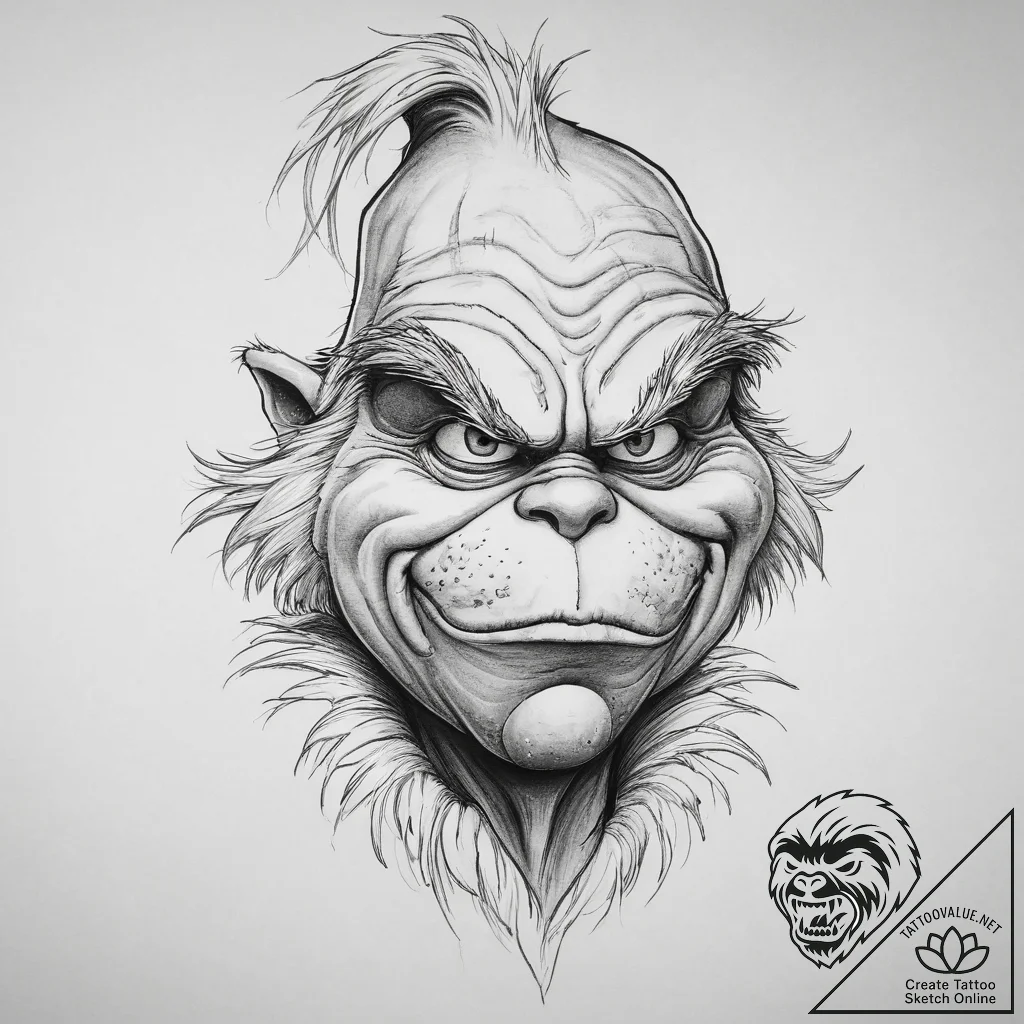 Tattoo sketch the grinch with a feather, ink... - tattoo sketch (№1756651717_0, 31.08.2025 14:48) — tattoovalue.net