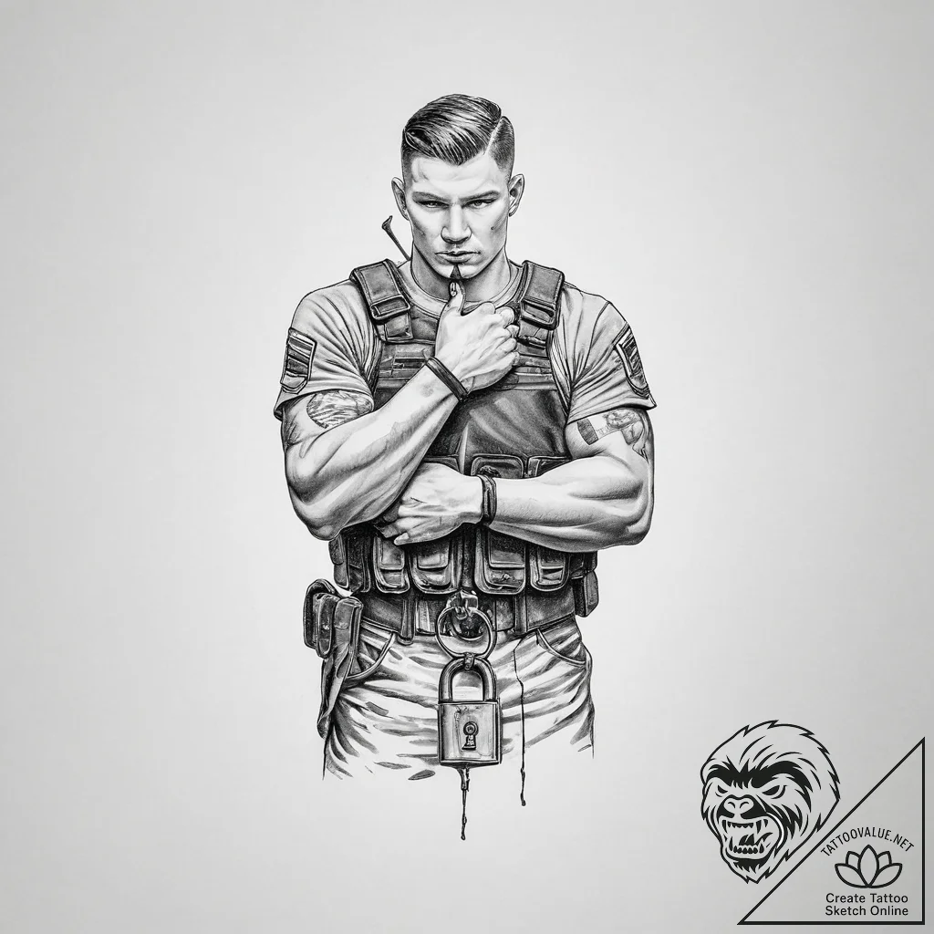 Tattoo sketch soldier with a lock - tattoo sketch (№1756654523_0, 31.08.2025 15:35) — tattoovalue.net