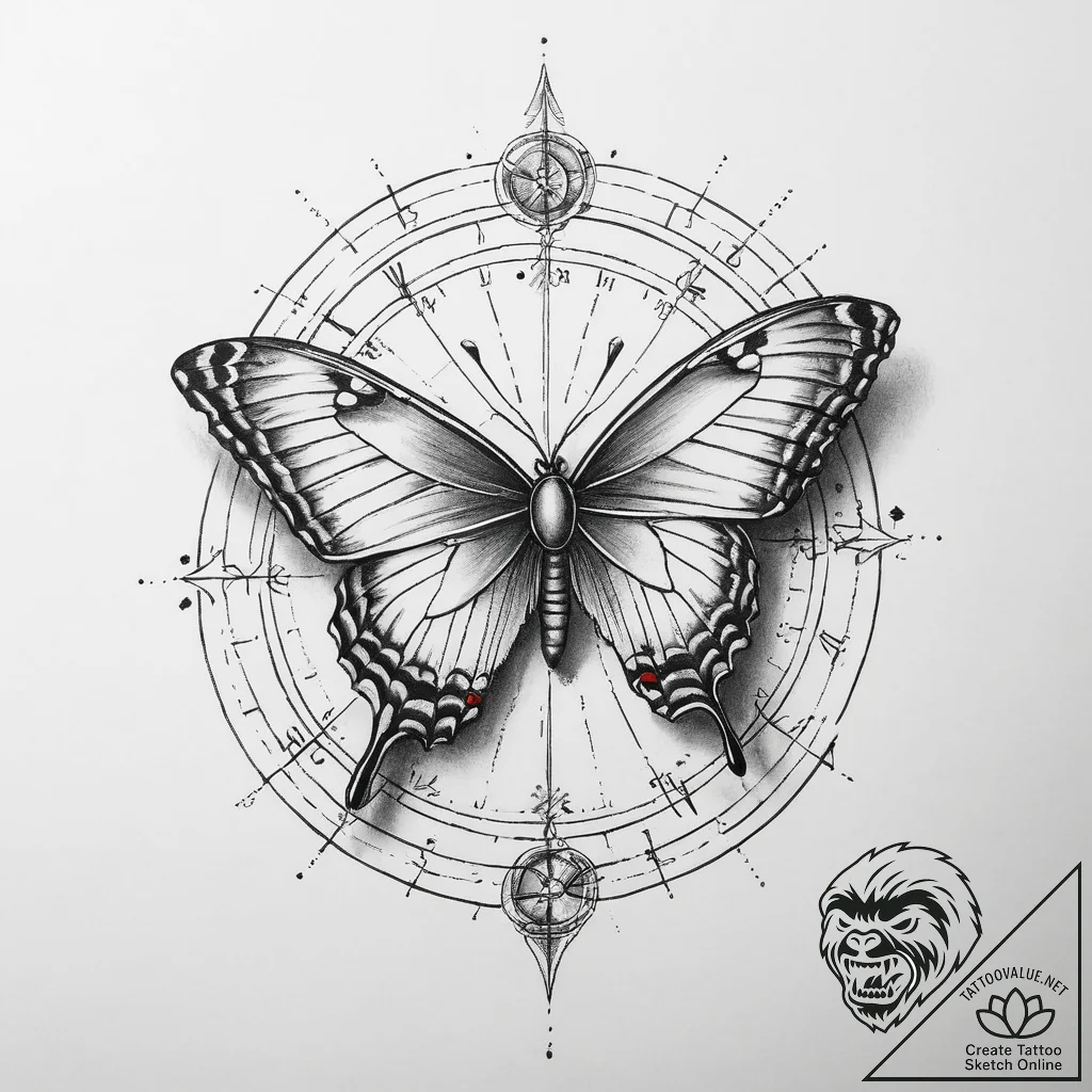 Tattoo sketch sundial with a butterfly - tattoo sketch (№1756654721_0, 31.08.2025 15:38) — tattoovalue.net