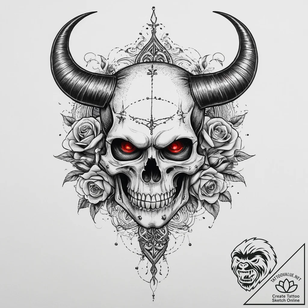 Tattoo sketch demon with horns, concept art f... - tattoo sketch (№1756656944_0, 31.08.2025 16:15) — tattoovalue.net