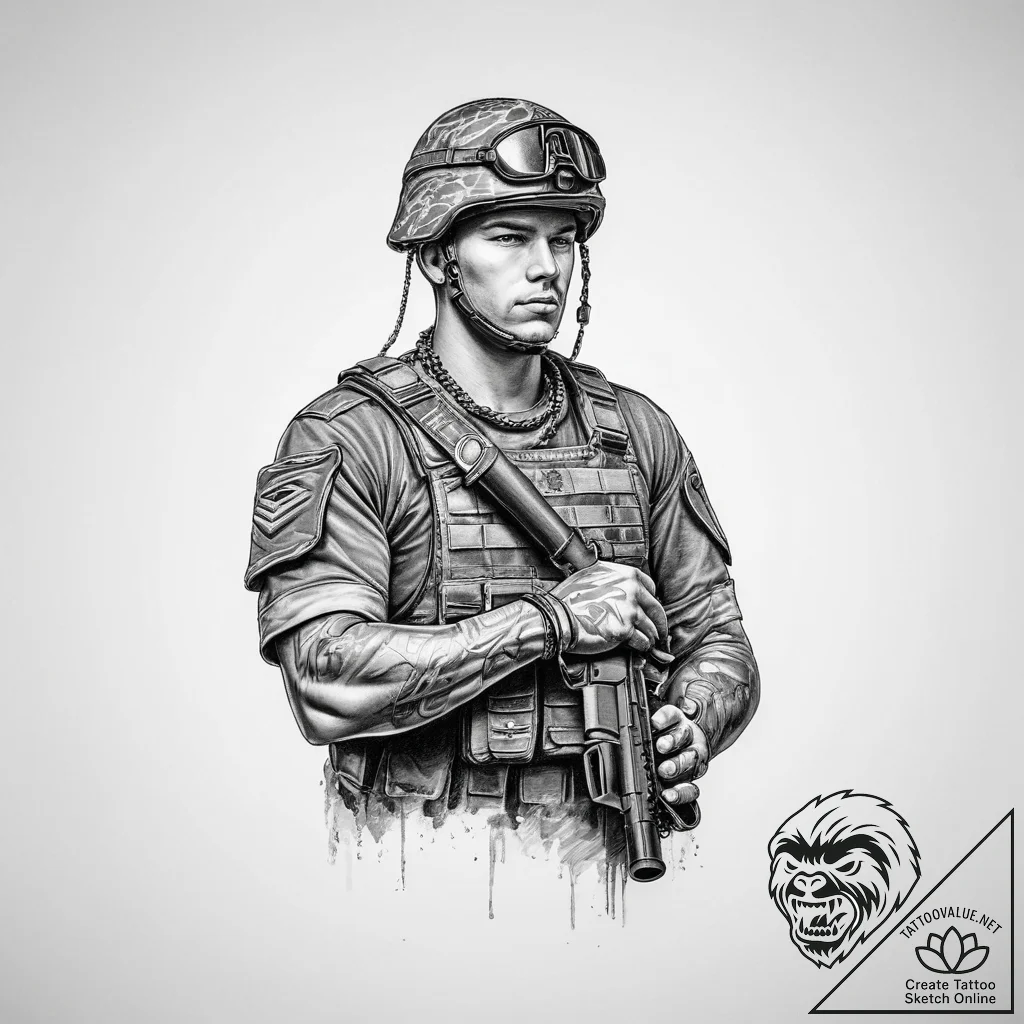 Tattoo sketch soldier with a necklace - tattoo sketch (№1756661747_0, 31.08.2025 17:35) — tattoovalue.net