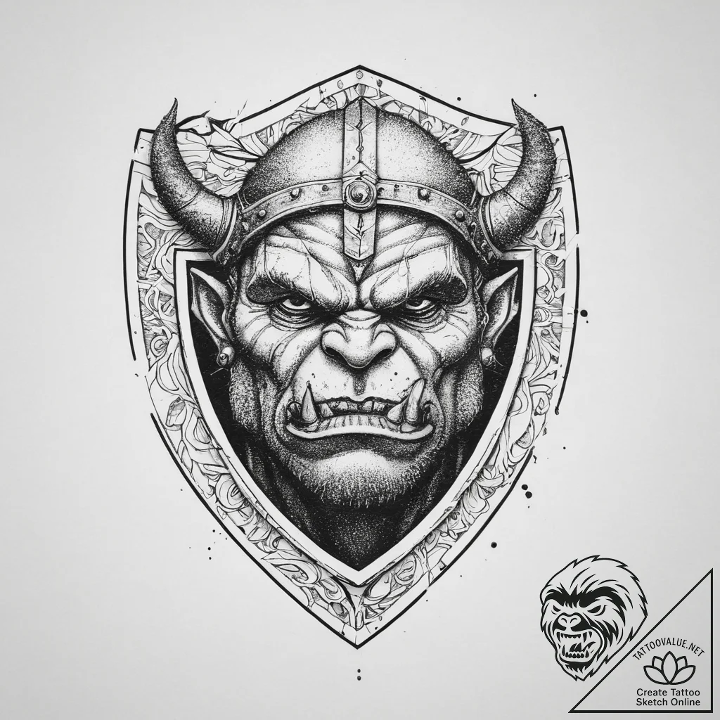 Tattoo sketch orc with a shield, ink illustra... - tattoo sketch (№1756664544_0, 31.08.2025 18:22) — tattoovalue.net