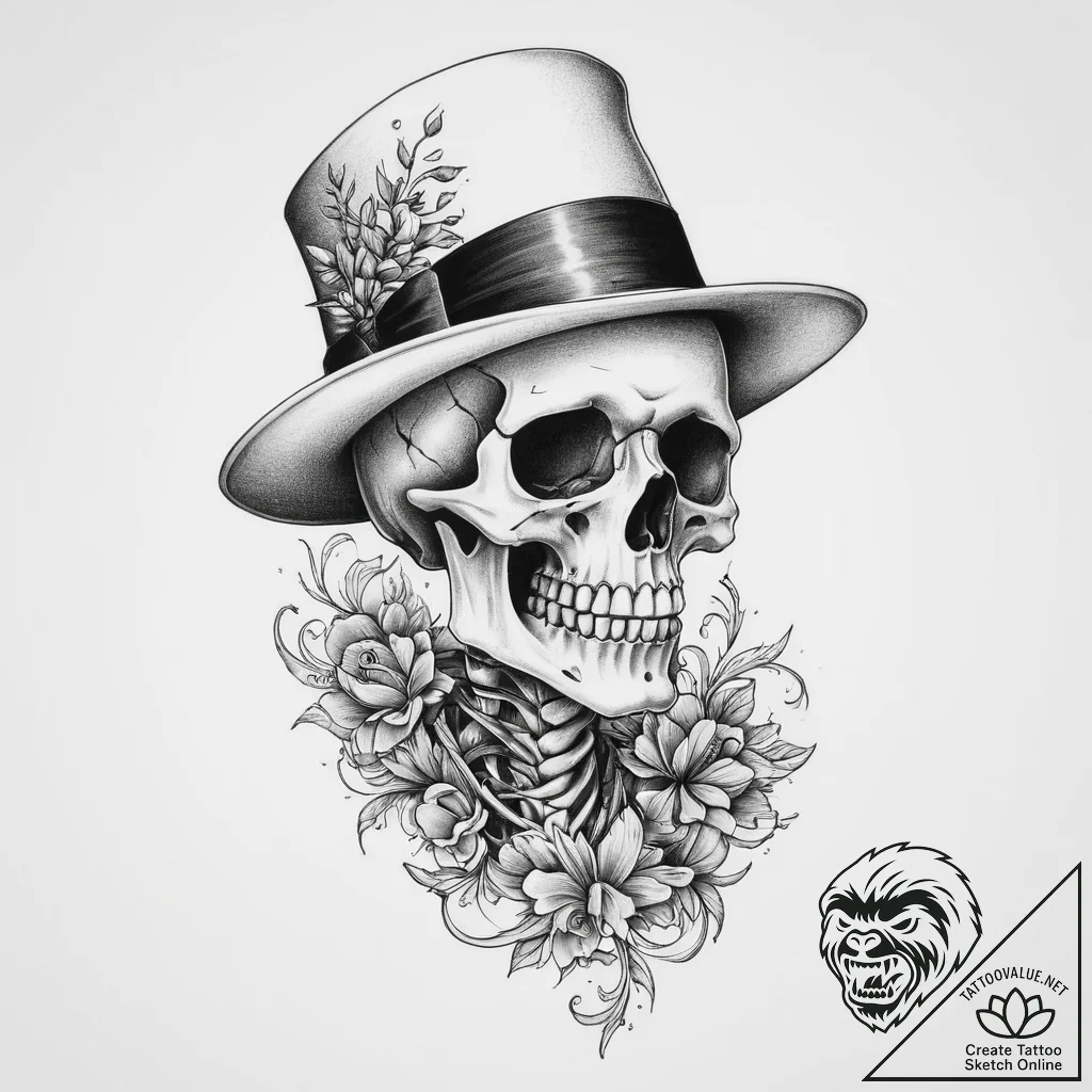 Tattoo sketch skeleton with a hat, tattoo lin... - tattoo sketch (№1756664741_0, 31.08.2025 18:25) — tattoovalue.net