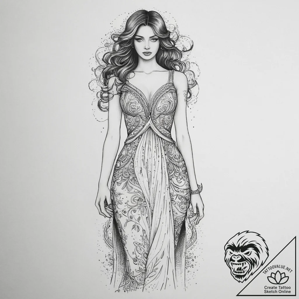 Tattoo sketch maxi dress with flowing lines,... - tattoo sketch (№1756664938_0, 31.08.2025 18:28) — tattoovalue.net