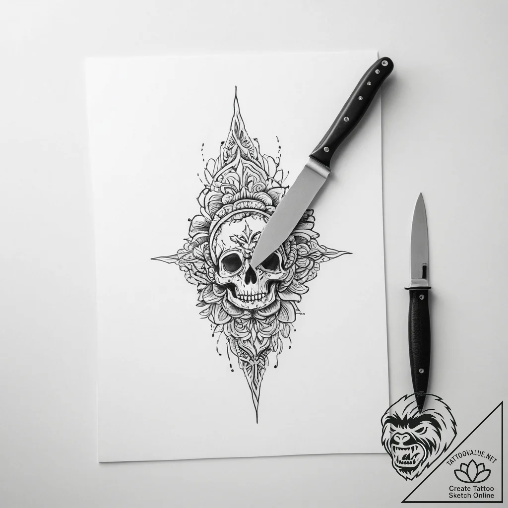 Tattoo sketch cutting board with a knife - tattoo sketch (№1756665735_0, 31.08.2025 18:42) — tattoovalue.net
