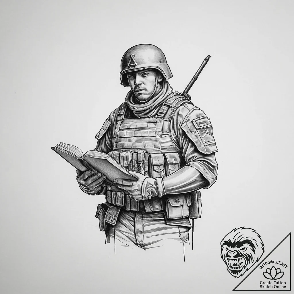 Tattoo sketch soldier with a book, tattoo fla... - tattoo sketch (№1756674144_0, 31.08.2025 21:02) — tattoovalue.net
