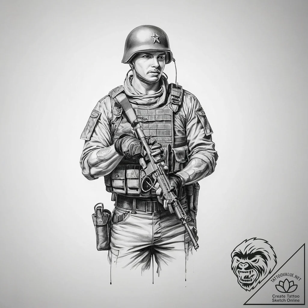 Tattoo sketch soldier with a key - tattoo sketch (№1756677677_0, 31.08.2025 22:01) — tattoovalue.net