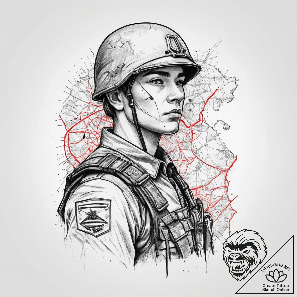 Tattoo sketch soldier with a map, ink illustr... - tattoo sketch (№1756681602_0, 31.08.2025 23:06) — tattoovalue.net