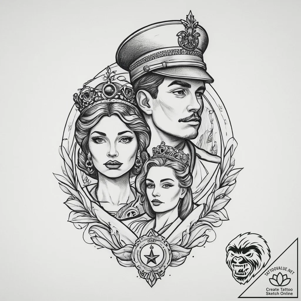 Tattoo sketch soldier with a queen, tattoo dr... - tattoo sketch (№1756700657_0, 01.09.2025 04:24) — tattoovalue.net