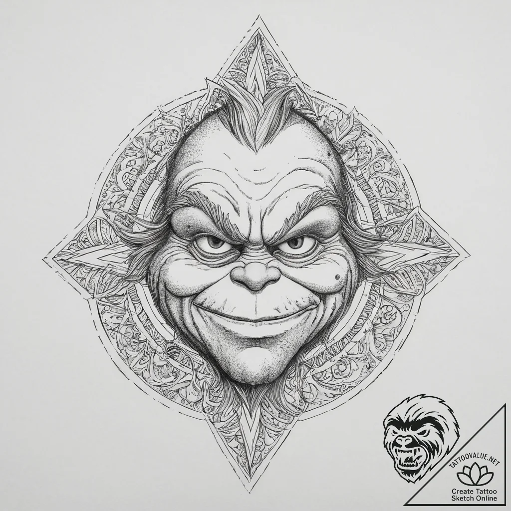 Tattoo sketch the grinch with a hair, tattoo... - tattoo sketch (№1756705005_0, 01.09.2025 05:36) — tattoovalue.net