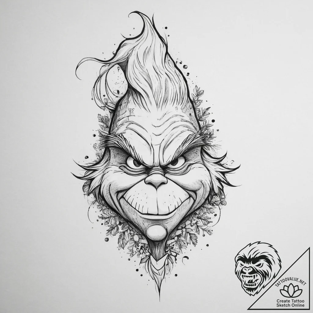 Tattoo sketch the grinch with a christmas tre... - tattoo sketch (№1756717850_0, 01.09.2025 09:10) — tattoovalue.net