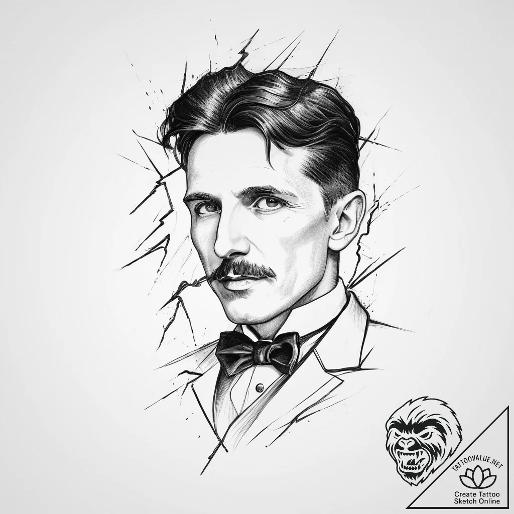 Tattoo sketch nikola tesla with lightning - tattoo sketch (№1756727580_0, 01.09.2025 11:53) — tattoovalue.net