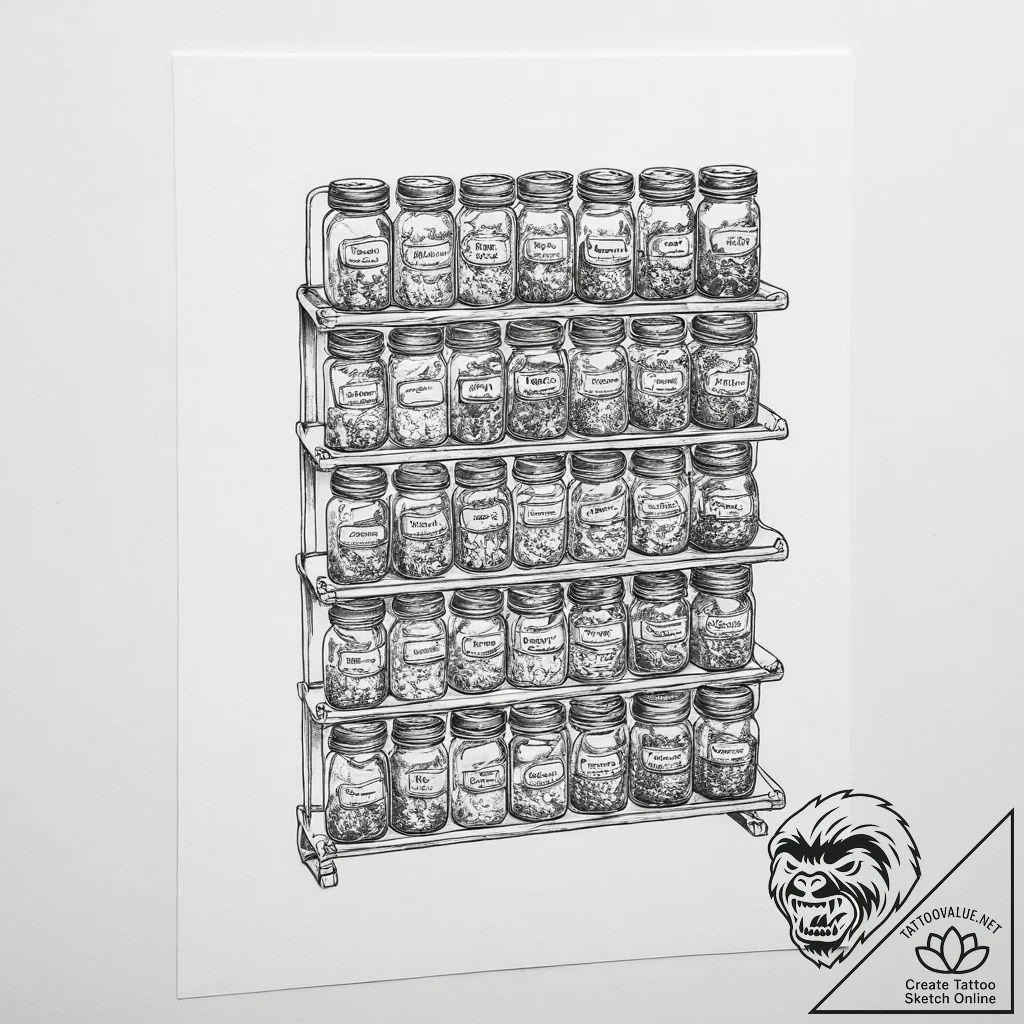 Tattoo sketch spice rack with jars - tattoo sketch (№1756732804_0, 01.09.2025 13:20) — tattoovalue.net