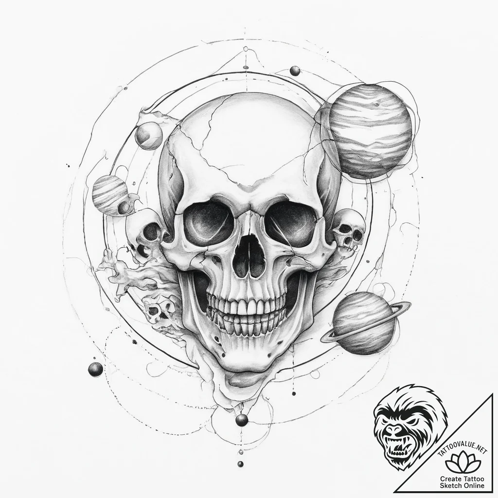 Tattoo sketch череп с планетами - tattoo sketch (№1756753435_0, 01.09.2025 19:03) — tattoovalue.net