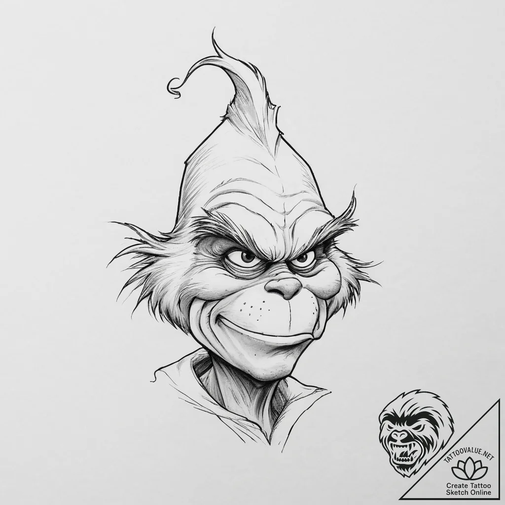 Tattoo sketch the grinch with a feather, tatt... - tattoo sketch (№1756771338_0, 02.09.2025 00:02) — tattoovalue.net
