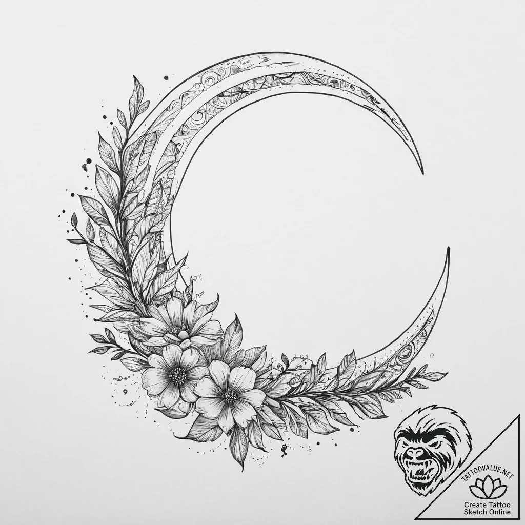 Tattoo sketch celestial plant with a crescent... - tattoo sketch (№1756771932_0, 02.09.2025 00:12) — tattoovalue.net