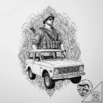 Tattoo sketch soldier with a car, ink illustr… – tattoo sketch (№1756795432_0, 02.09.2025 06:43) — tattoovalue.net
