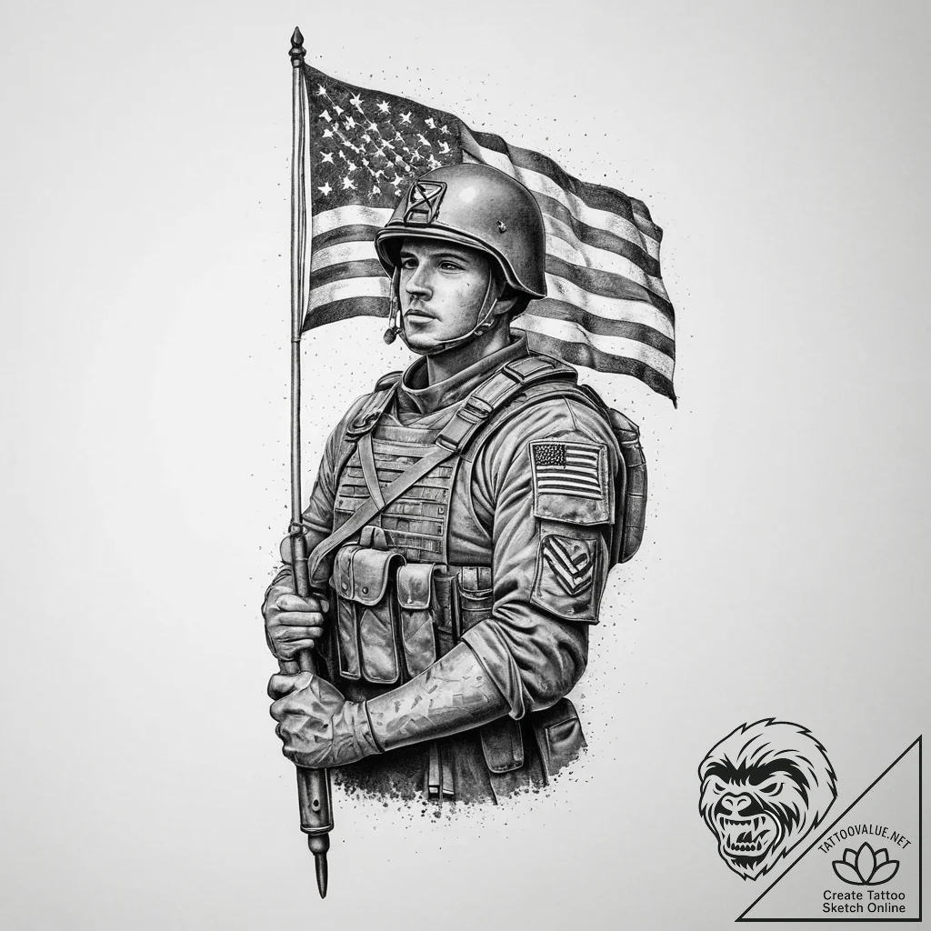 Tattoo sketch soldier with a flag, artistic t... - tattoo sketch (№1756800866_0, 02.09.2025 08:14) — tattoovalue.net
