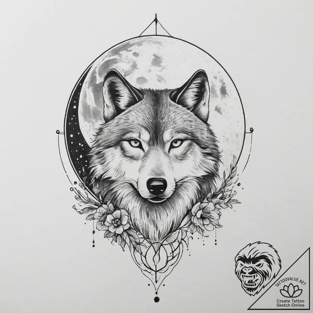 Tattoo sketch romantic full moon with a wolf - tattoo sketch (№1756805868_0, 02.09.2025 09:37) — tattoovalue.net