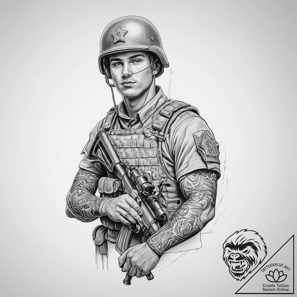 Tattoo sketch soldier with a scroll, tattoo d... - tattoo sketch (№1756887503_0, 03.09.2025 08:18) — tattoovalue.net