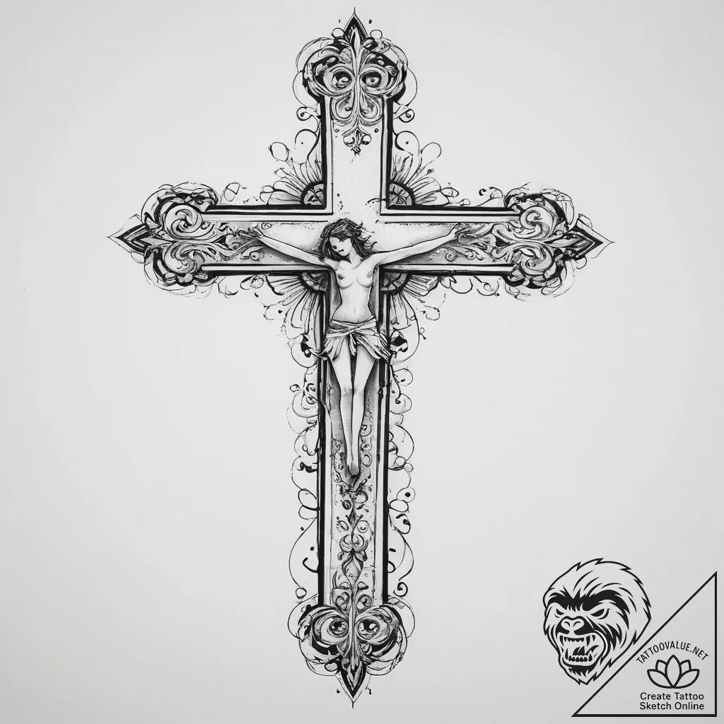 Tattoo sketch girl with a cross, concept art... - tattoo sketch (№1756889490_0, 03.09.2025 08:51) — tattoovalue.net