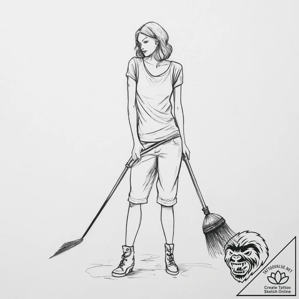Tattoo sketch curling a person with a broom - tattoo sketch (№1756904615_0, 03.09.2025 13:03) — tattoovalue.net