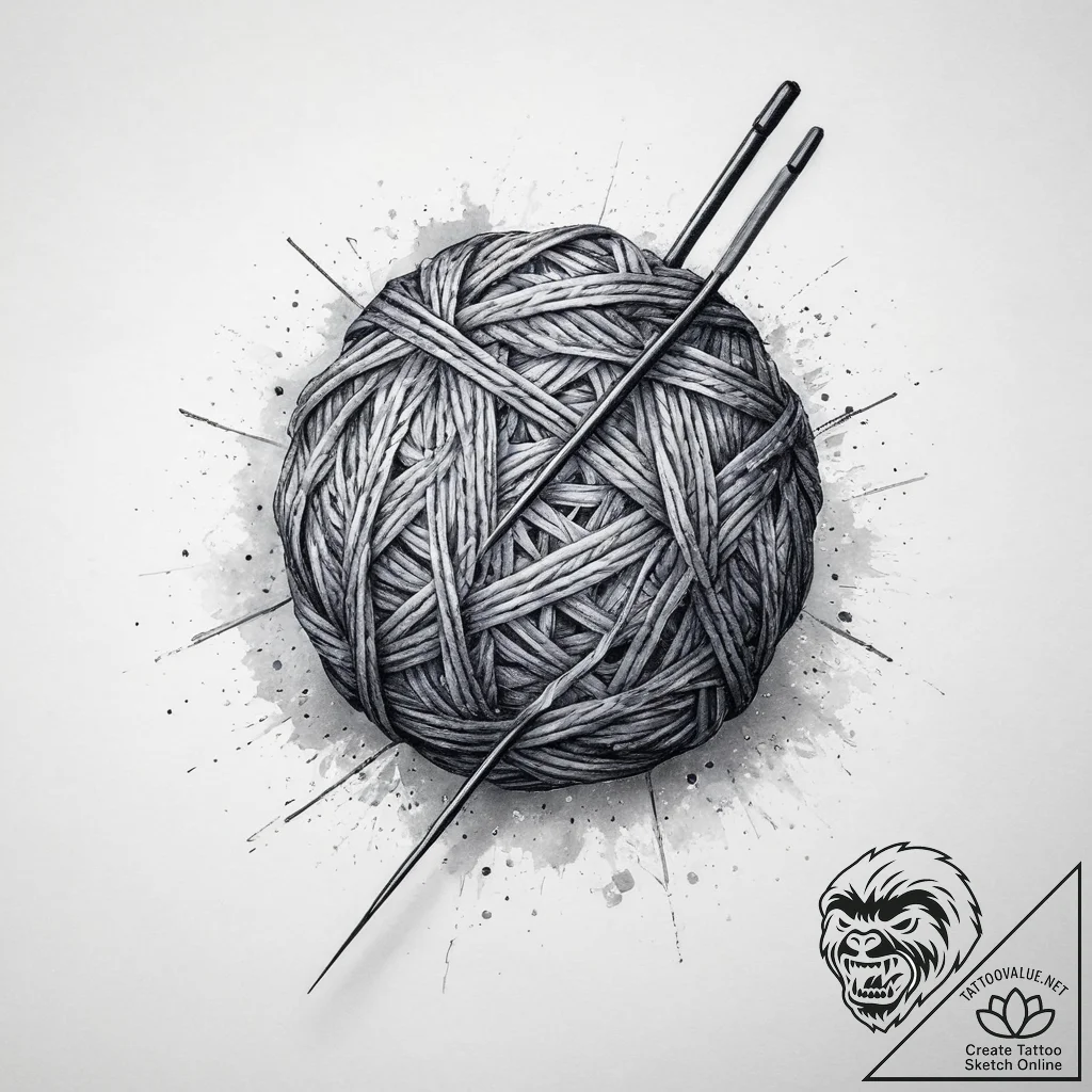 Tattoo sketch knitting yarn ball and needles,... - tattoo sketch (№1756907162_0, 03.09.2025 13:46) — tattoovalue.net