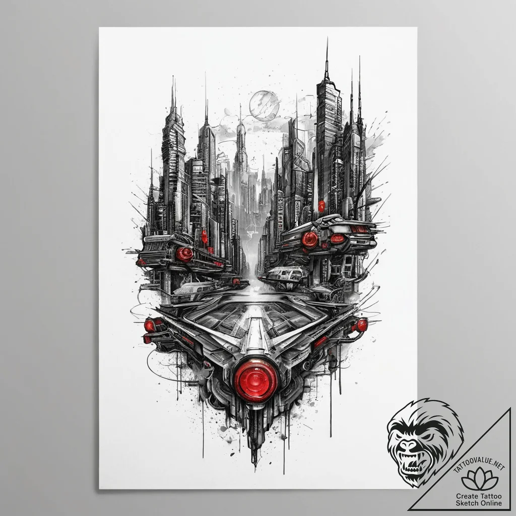Tattoo sketch cyberpunk cityscape, tattoo lin... - tattoo sketch (№1756909683_0, 03.09.2025 14:28) — tattoovalue.net