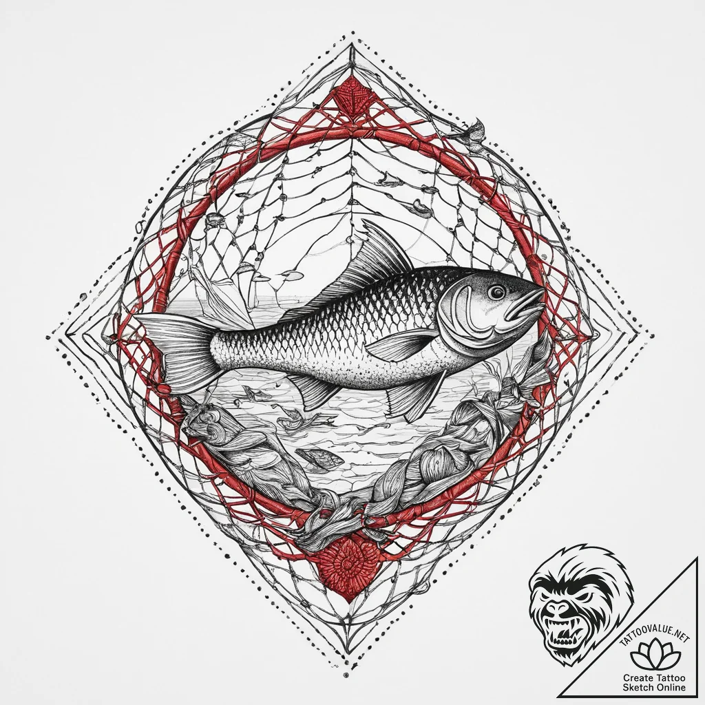 Tattoo sketch fisherman fishing net with fish... - tattoo sketch (№1756913872_0, 03.09.2025 15:37) — tattoovalue.net