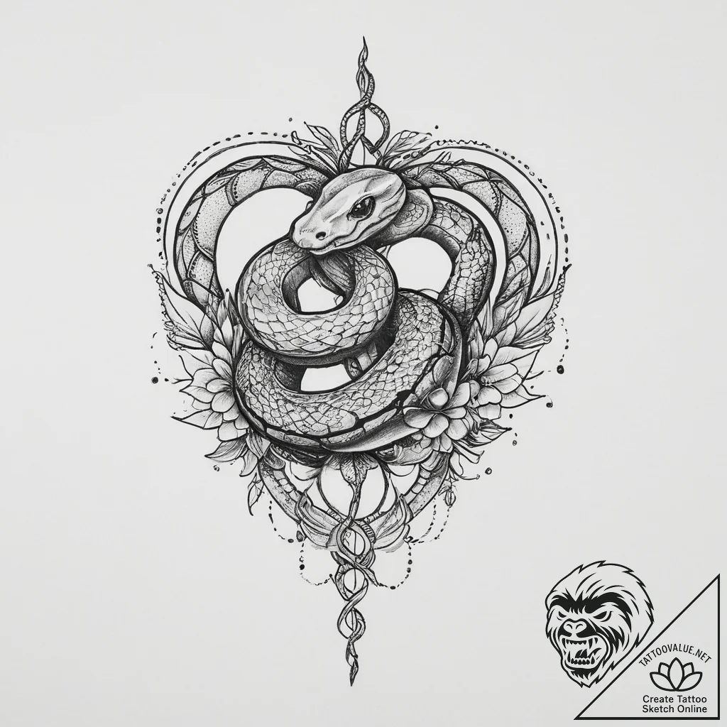 Tattoo sketch heartbeat with a snake, tattoo... - tattoo sketch (№1757002063_0, 04.09.2025 16:07) — tattoovalue.net