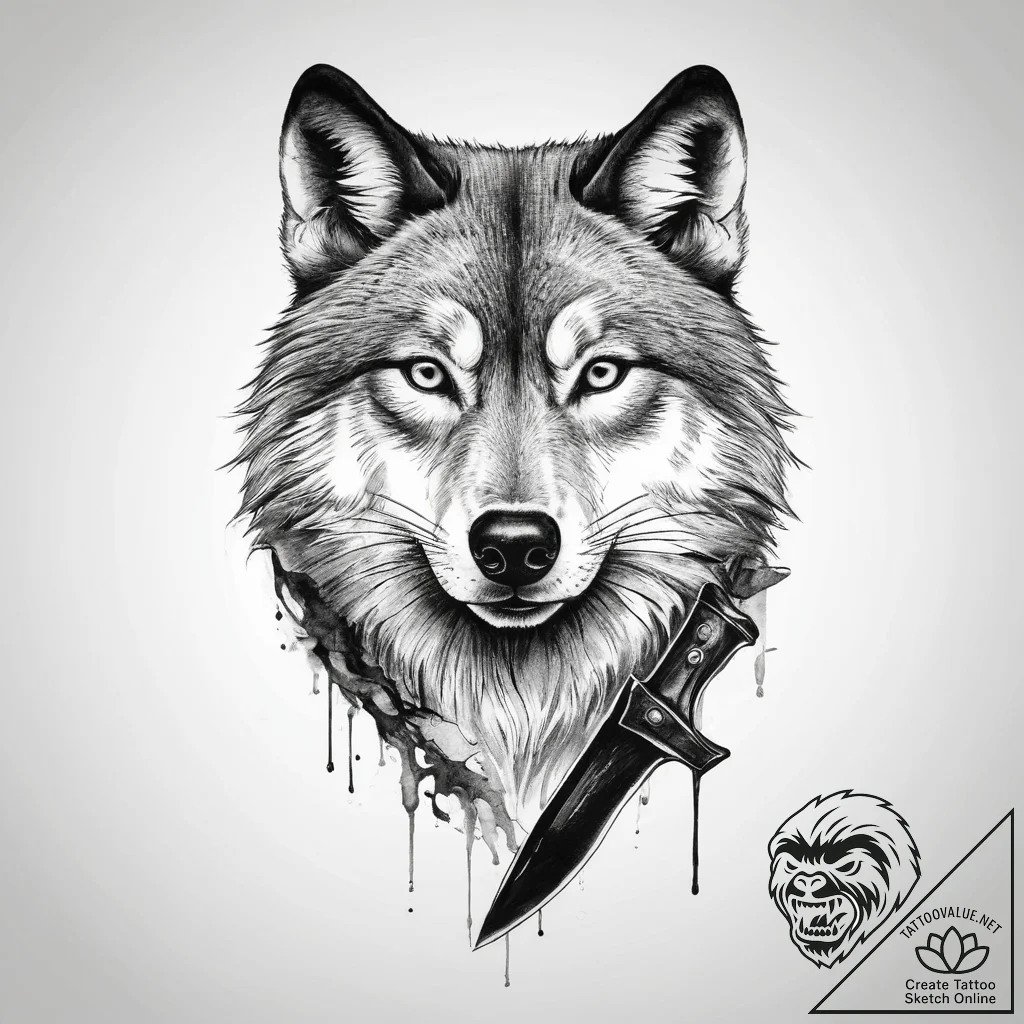 Tattoo sketch wolf with a knife, tattoo sketc... - tattoo sketch (№1757004885_0, 04.09.2025 16:54) — tattoovalue.net