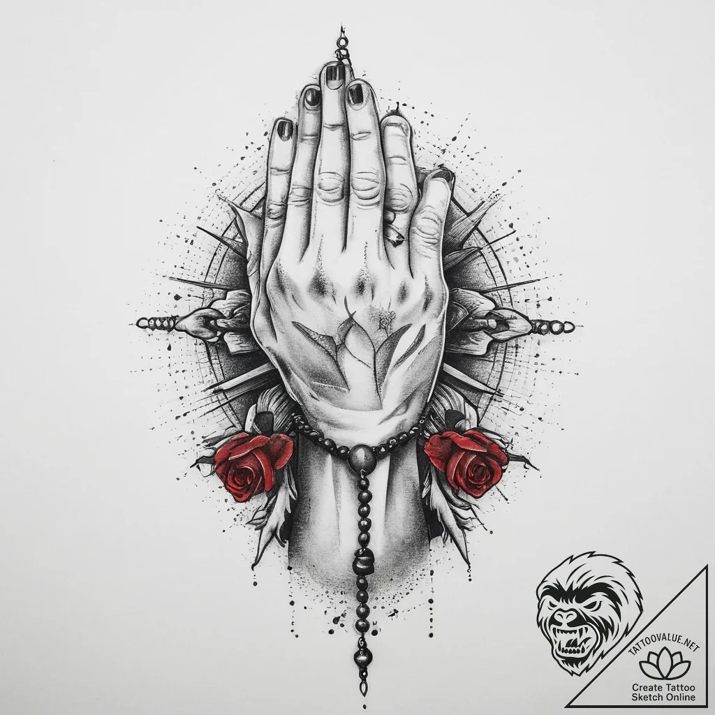 Tattoo sketch praying hands and rosary, ink i... - tattoo sketch (№1757018235_0, 04.09.2025 20:37) — tattoovalue.net