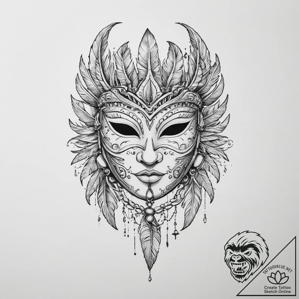 Tattoo sketch feathered mask tattoo, ink illu... - tattoo sketch (№1757027862_0, 04.09.2025 23:17) — tattoovalue.net