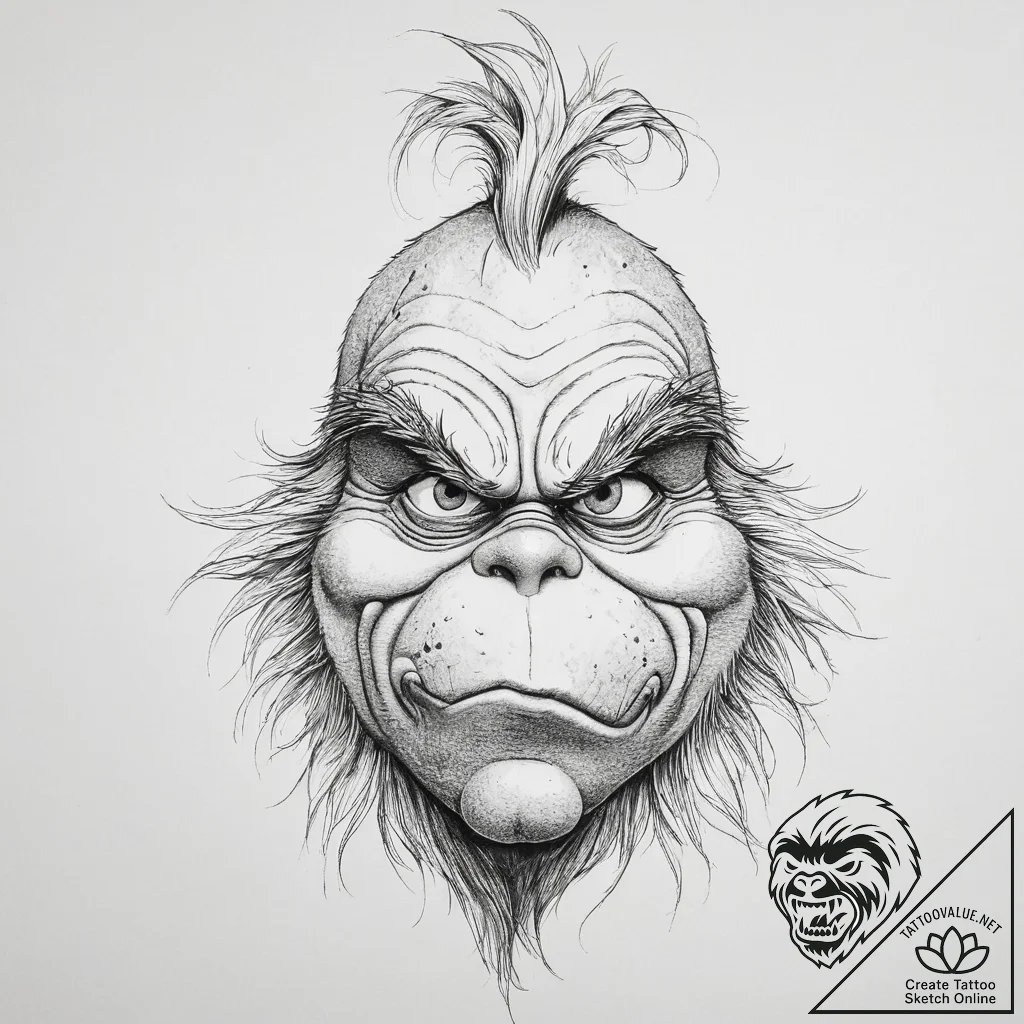 Tattoo sketch the grinch with a fur, concept... - tattoo sketch (№1757033705_0, 05.09.2025 00:55) — tattoovalue.net