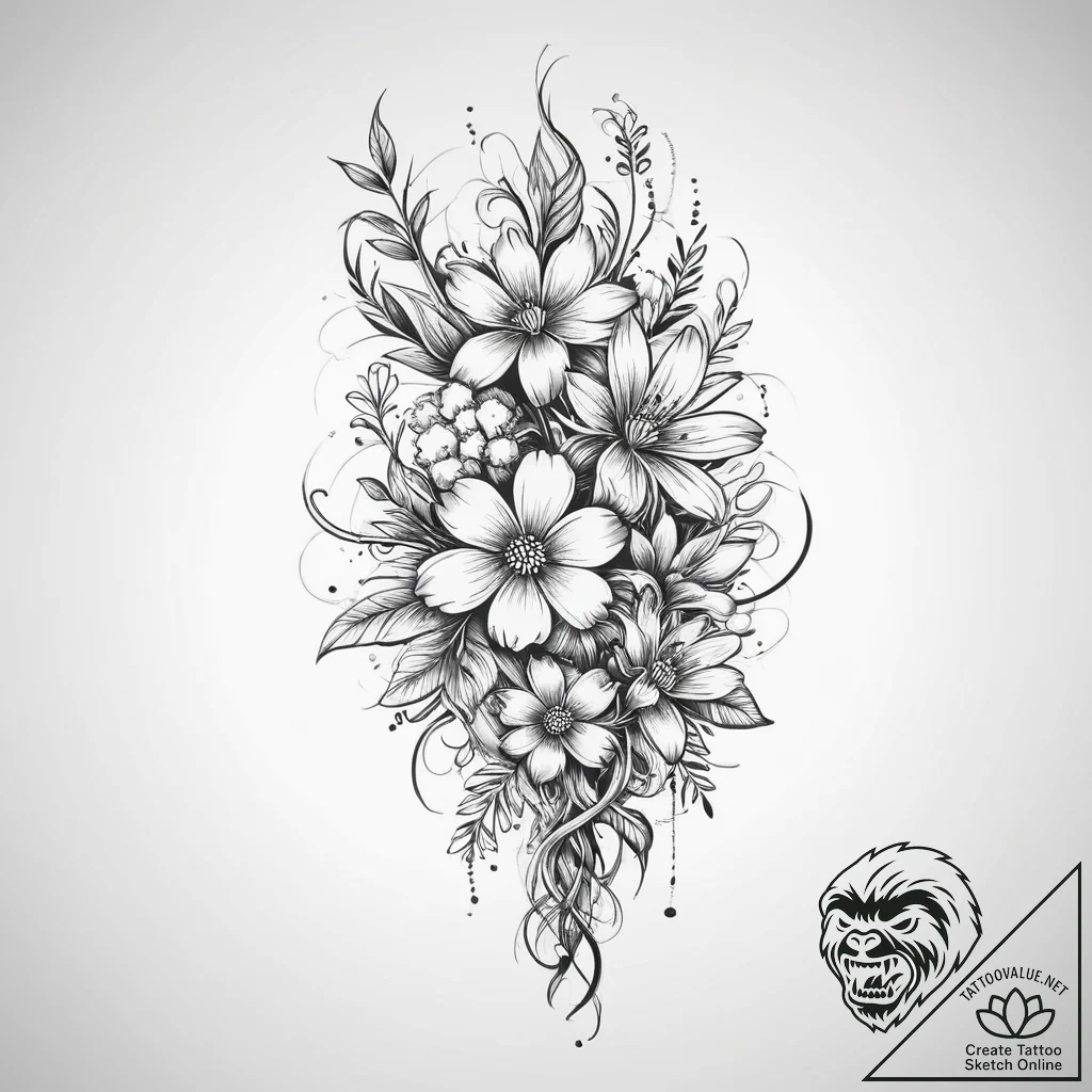 Tattoo sketch gardening blooming flowers with... - tattoo sketch (№1757037723_0, 05.09.2025 02:02) — tattoovalue.net