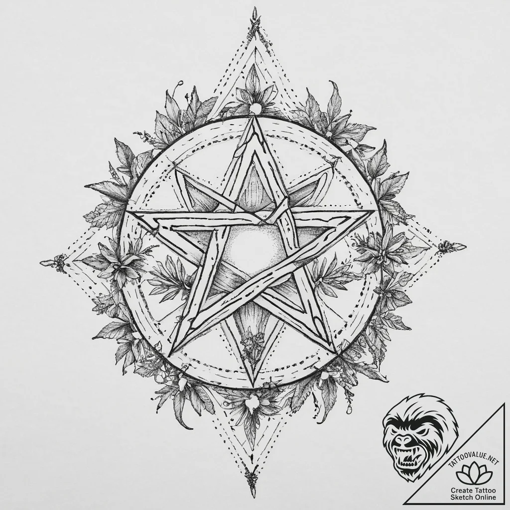 Tattoo sketch pentagram and herbs, tattoo dra... - tattoo sketch (№1757038127_0, 05.09.2025 02:08) — tattoovalue.net