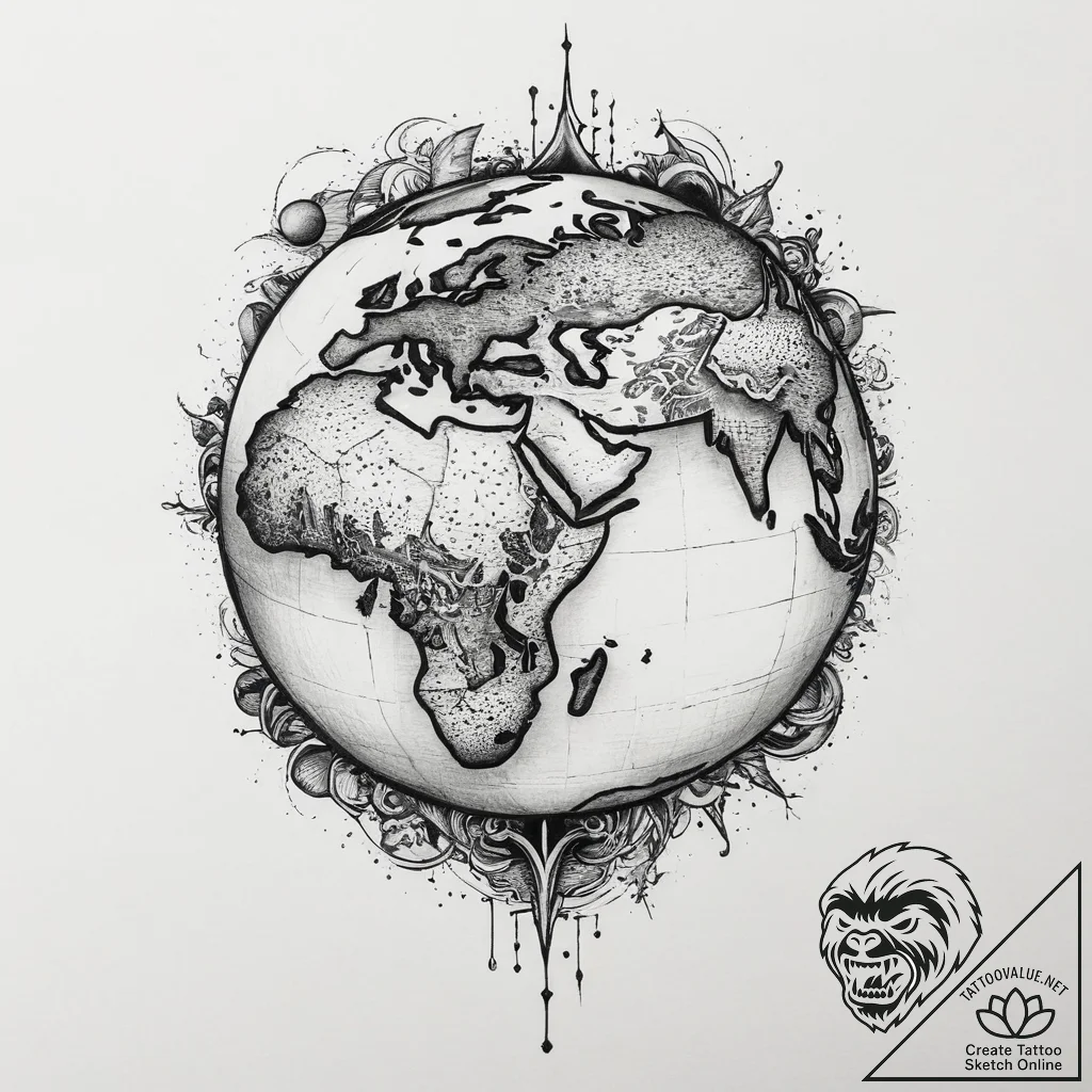 Tattoo sketch earth, concept art for tattoo,... - tattoo sketch (№1757061870_0, 05.09.2025 08:44) — tattoovalue.net