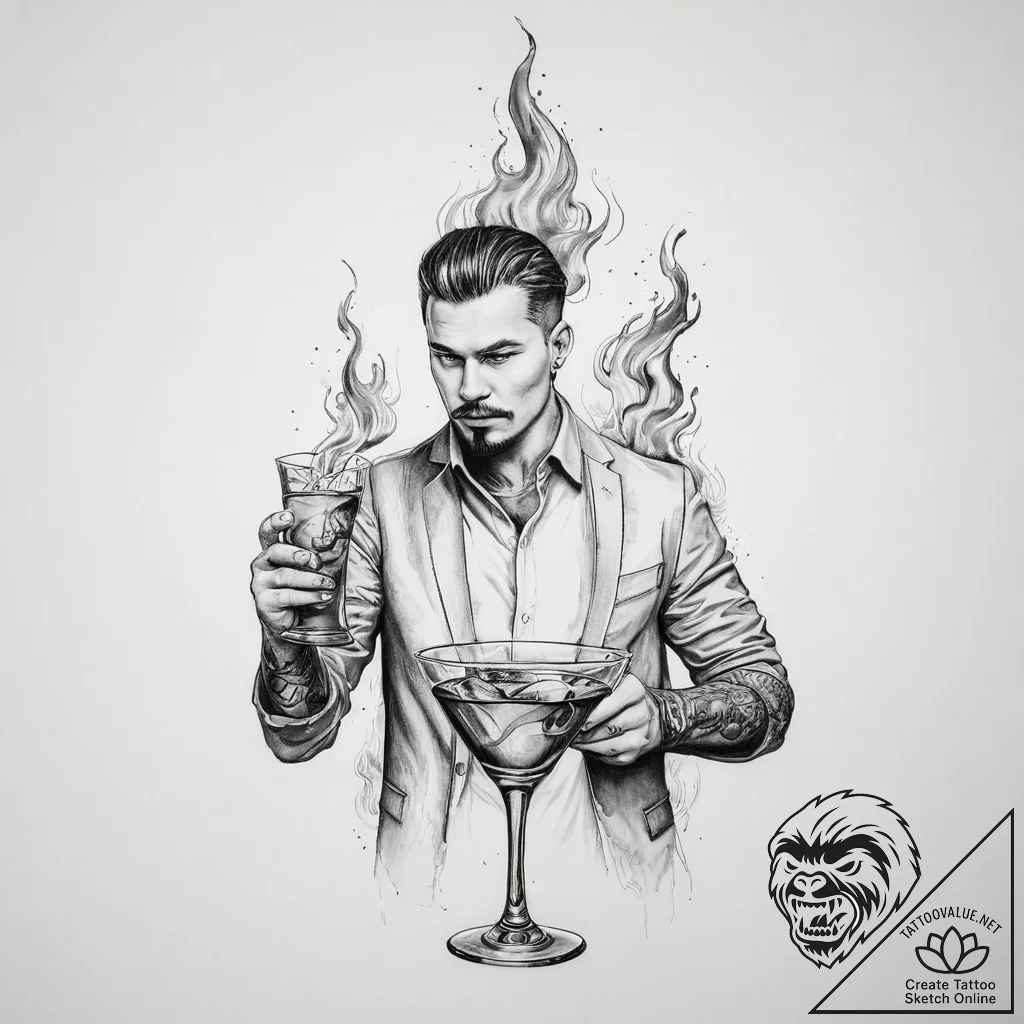Tattoo sketch bartender flaming drink - tattoo sketch (№1757062264_0, 05.09.2025 08:51) — tattoovalue.net
