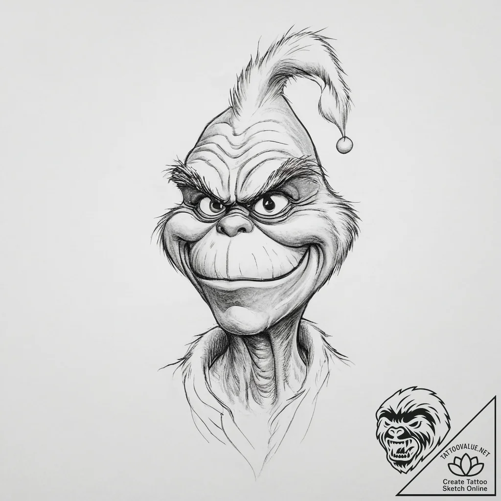 Tattoo sketch the grinch with a foot - tattoo sketch (№1757067070_0, 05.09.2025 10:11) — tattoovalue.net