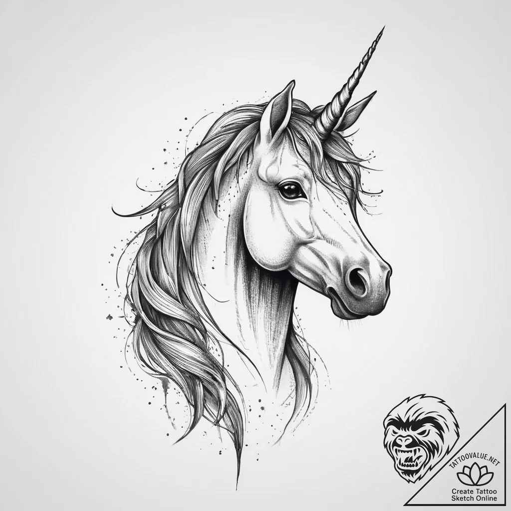 Tattoo sketch unicorn with a horn, tattoo ske... - tattoo sketch (№1757075454_0, 05.09.2025 12:30) — tattoovalue.net