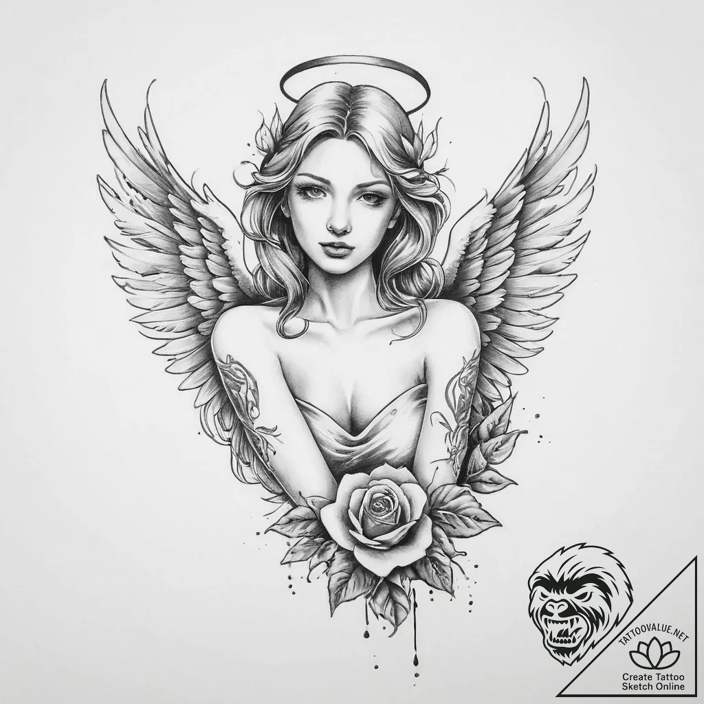 Tattoo sketch angel with a rose - tattoo sketch (№1757079260_0, 05.09.2025 13:34) — tattoovalue.net