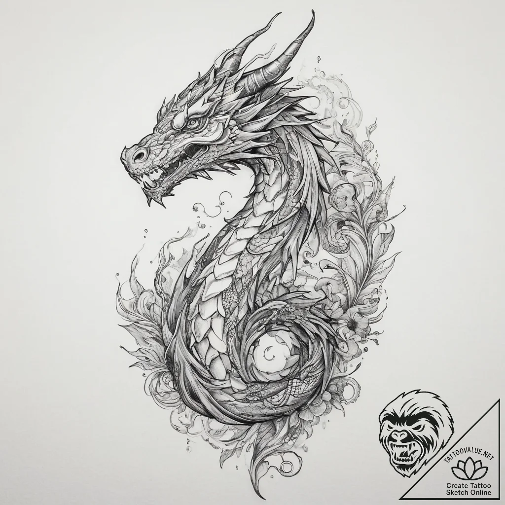 Tattoo sketch water dragon, tattoo line art,... - tattoo sketch (№1757084495_0, 05.09.2025 15:01) — tattoovalue.net