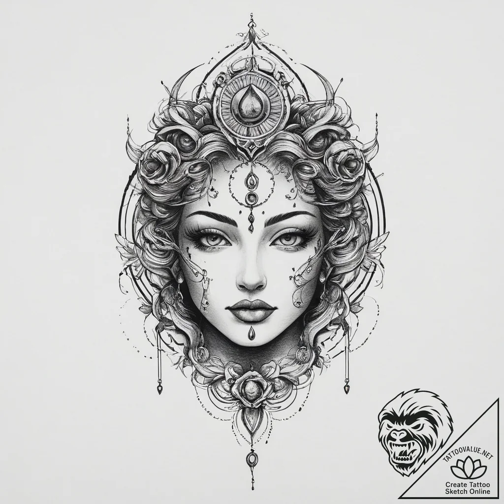 Tattoo sketch mystical portrayal, ink illustr... - tattoo sketch (№1757090553_0, 05.09.2025 16:42) — tattoovalue.net