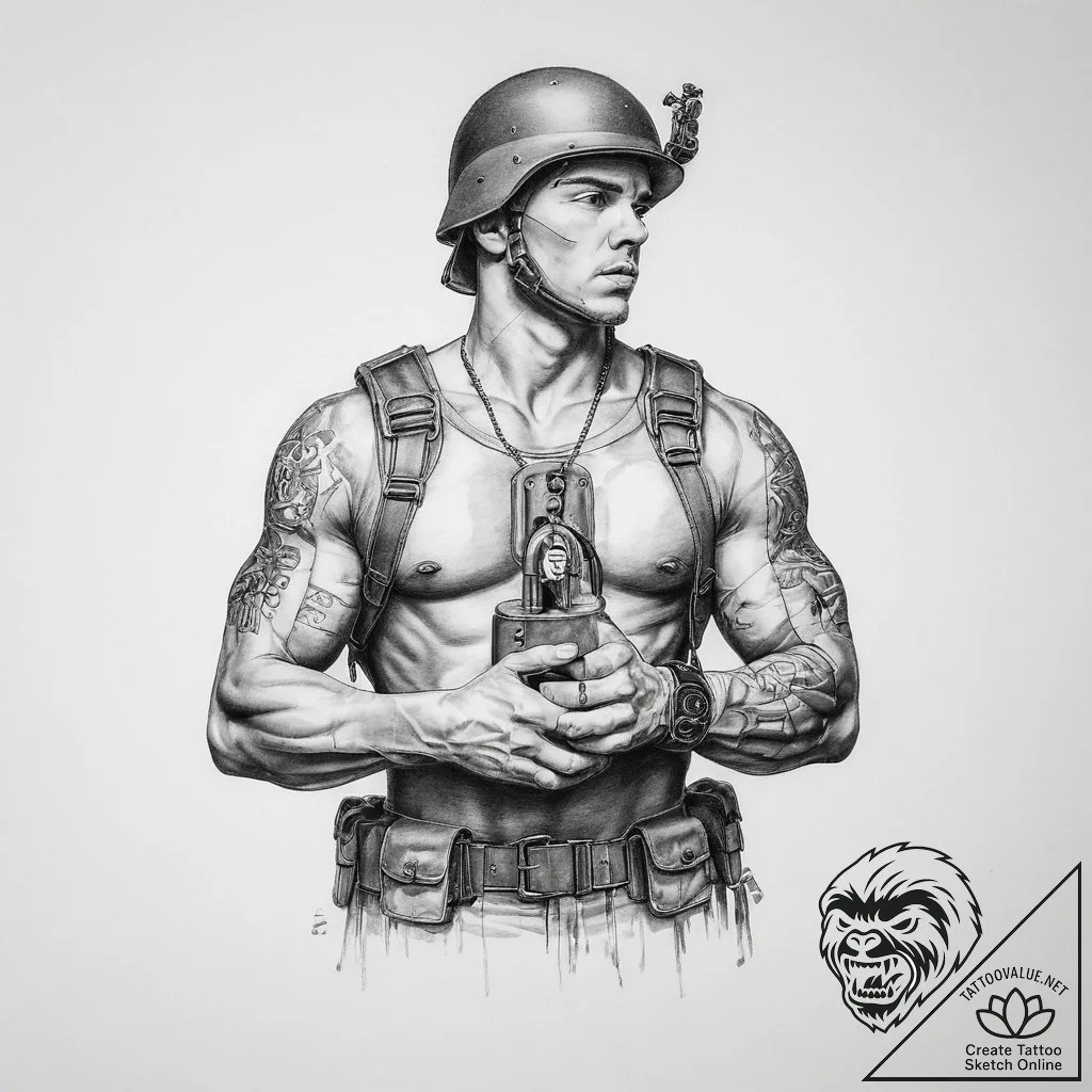 Tattoo sketch soldier with a lock - tattoo sketch (№1757096987_0, 05.09.2025 18:29) — tattoovalue.net
